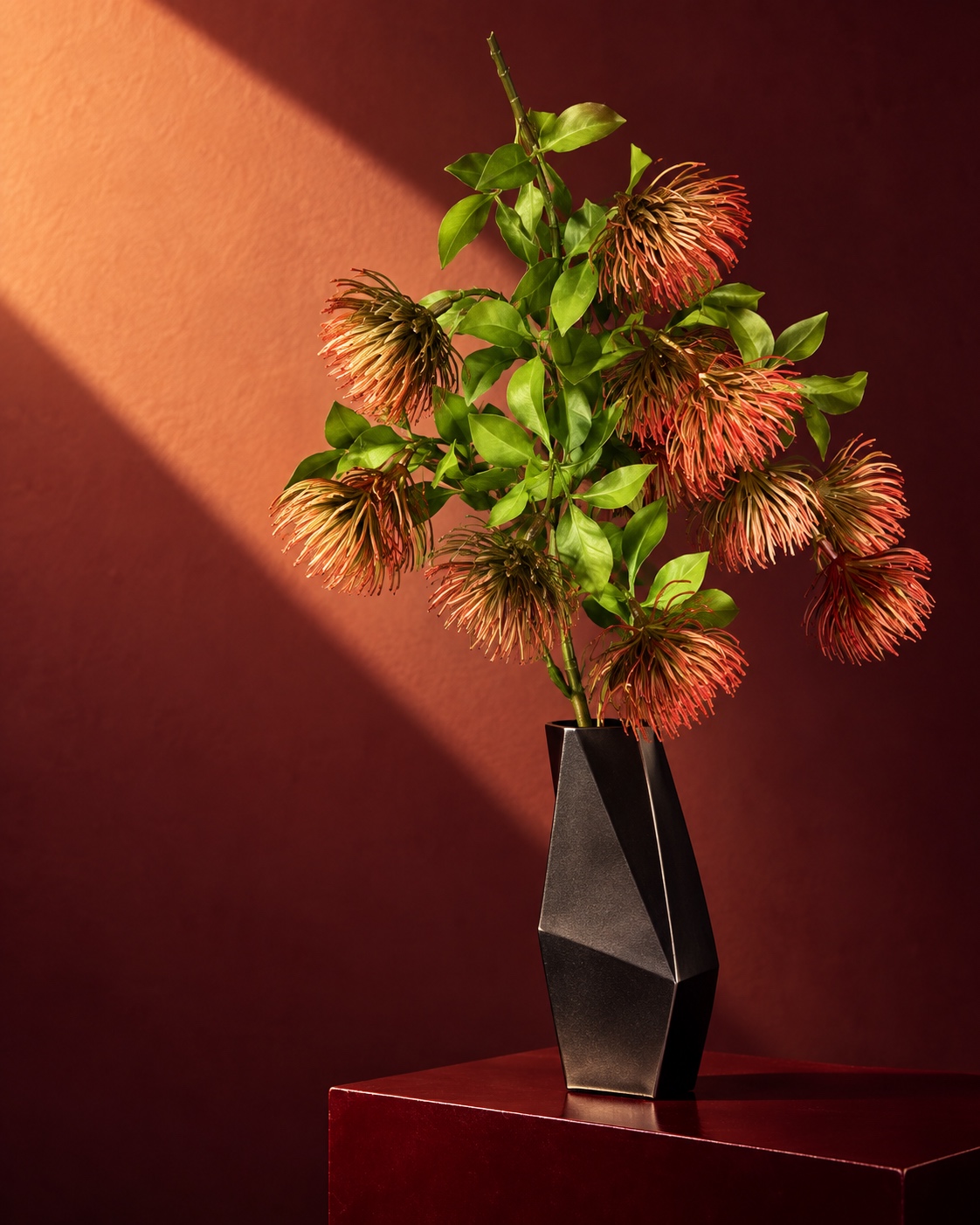 Coral Brown Artificial Pincushion Flower Branch 4