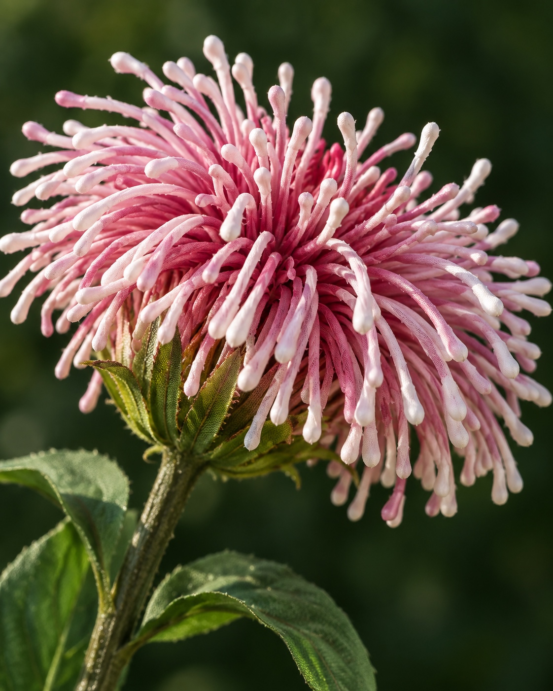 Pink and White Artificial Pincushion Flower Stem 2