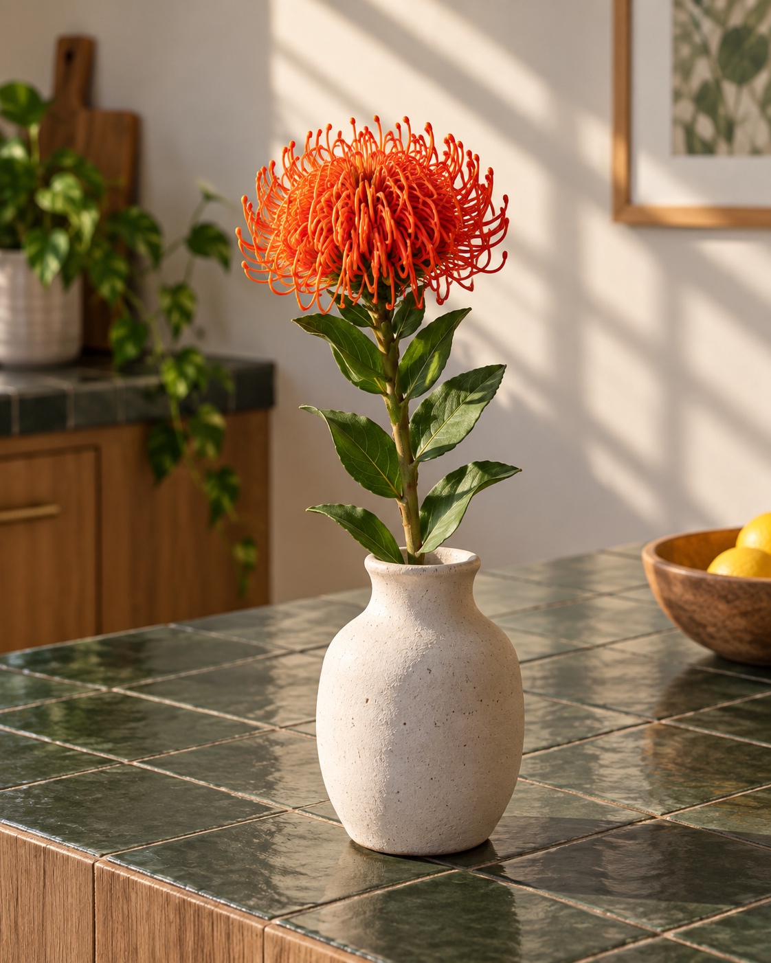 Orange Artificial Pincushion Flower Stem 4