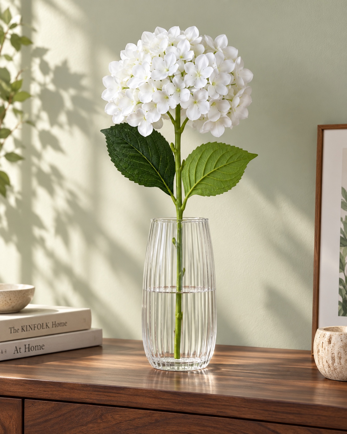 White Artificial Hydrangea Stem with Green Leaves 2