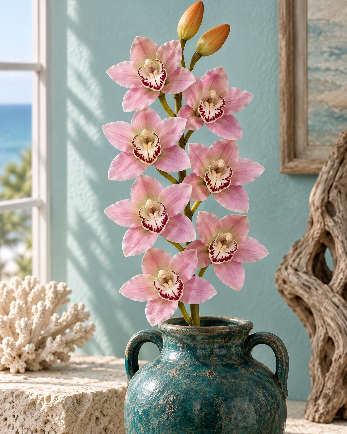 Pink Artificial Seven Head Orchid Spray with Fruit Buds 5