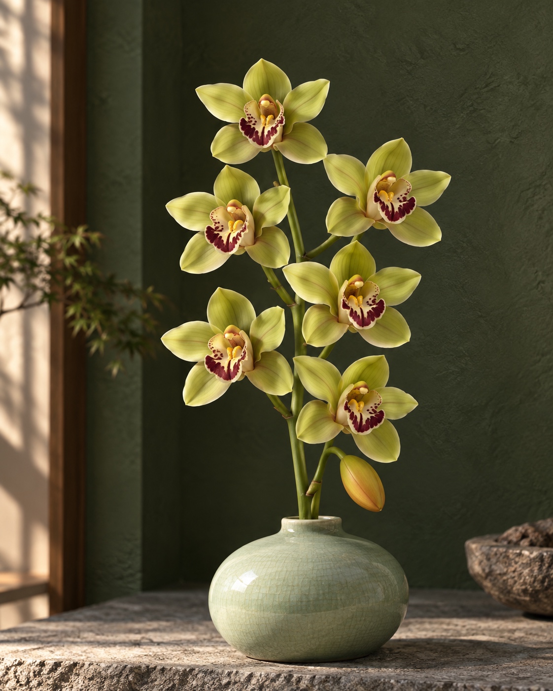 Green Artificial Seven Head Orchid Spray with Fruit Buds 4