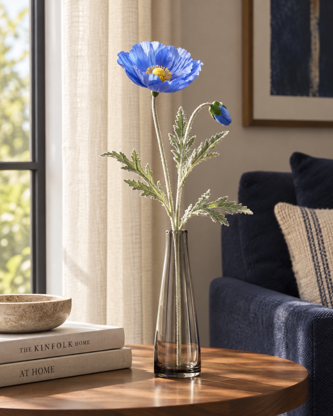 Blue Artificial Poppy Stem with Textured Foliage 4