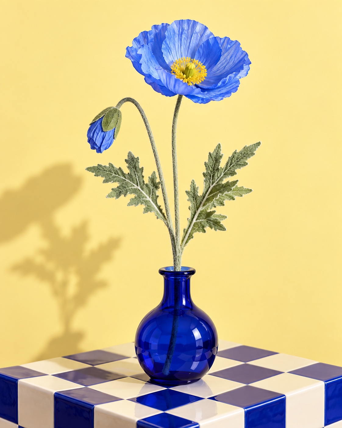 Blue Artificial Poppy Stem with Textured Foliage 3