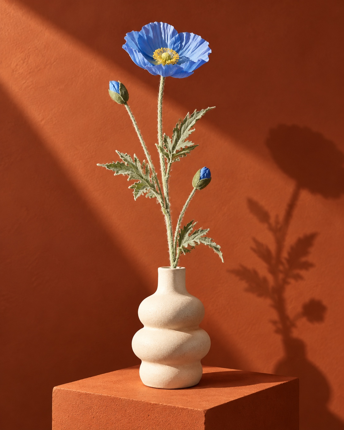 Blue Artificial Poppy Stem with Textured Foliage 2