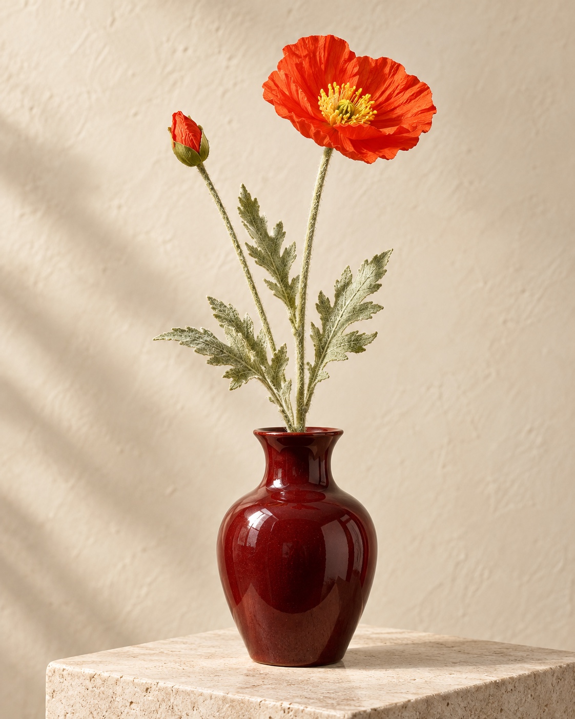 Orange Artificial Poppy Stem with Textured Foliage 4