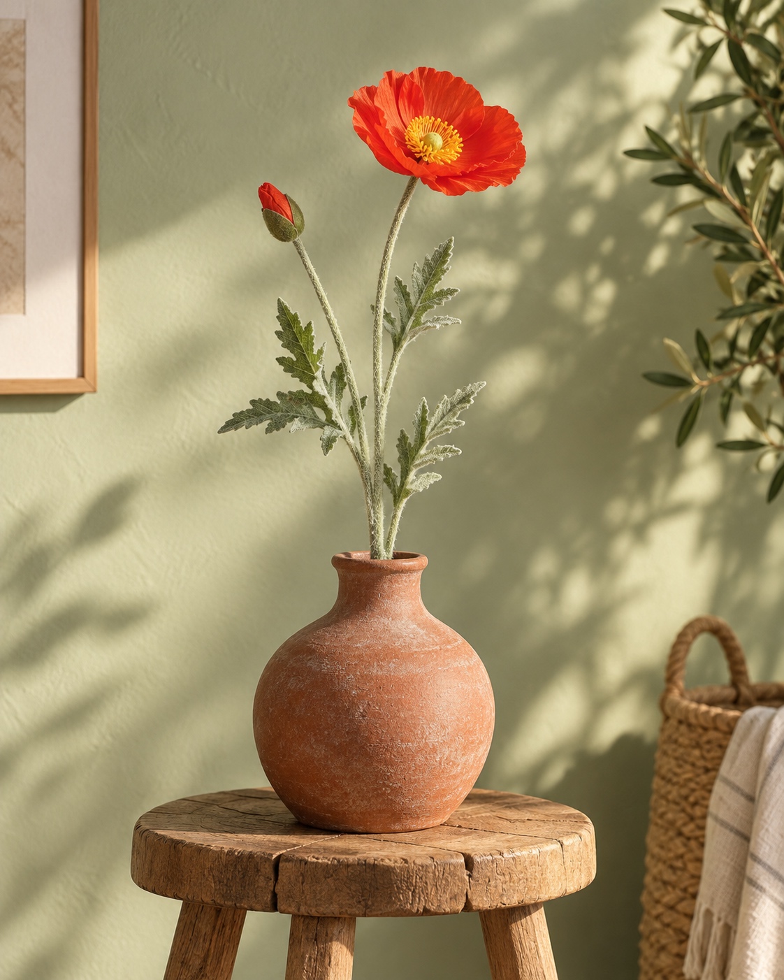 Orange Artificial Poppy Stem with Textured Foliage 2