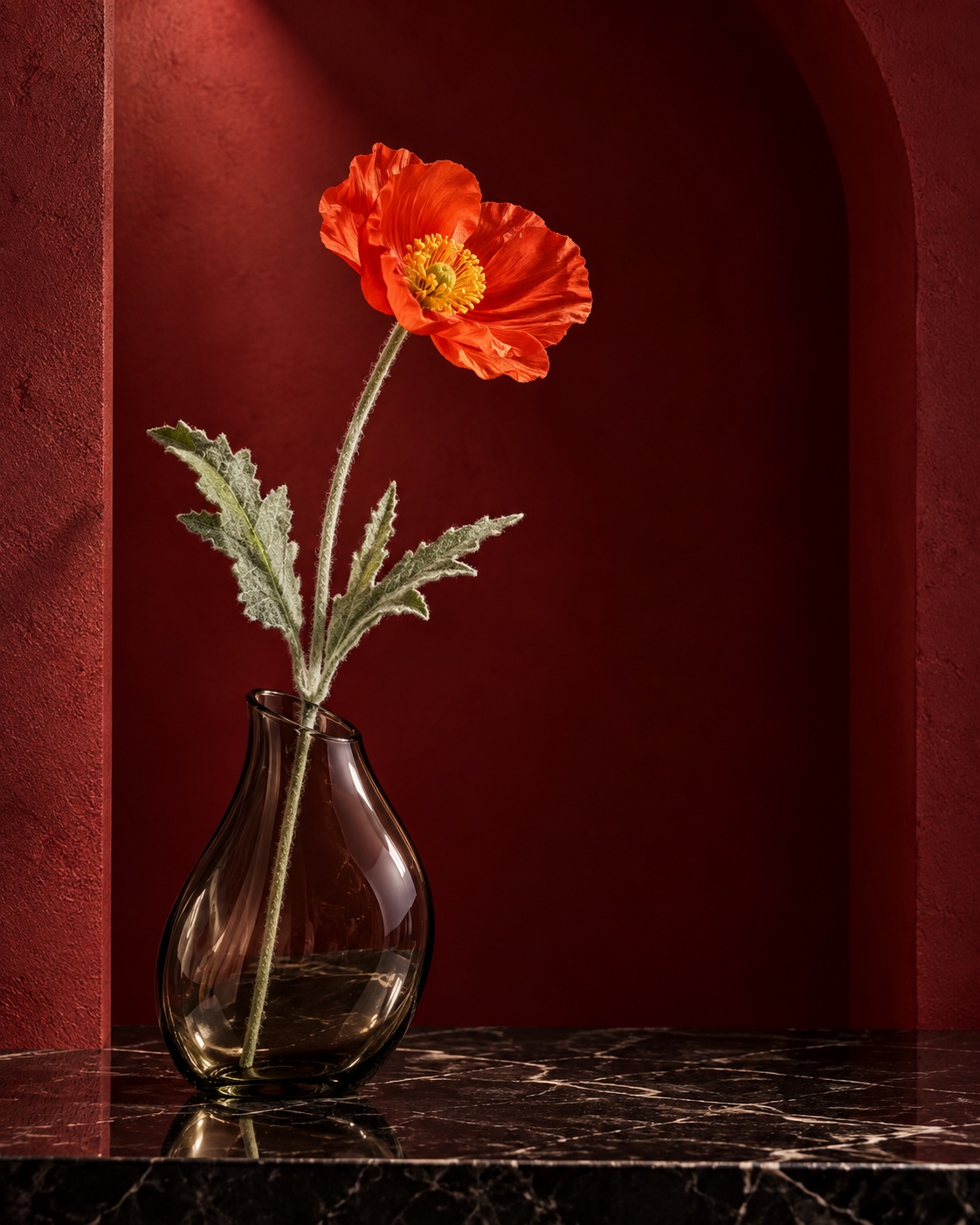 Orange Artificial Poppy Stem with Textured Foliage 5