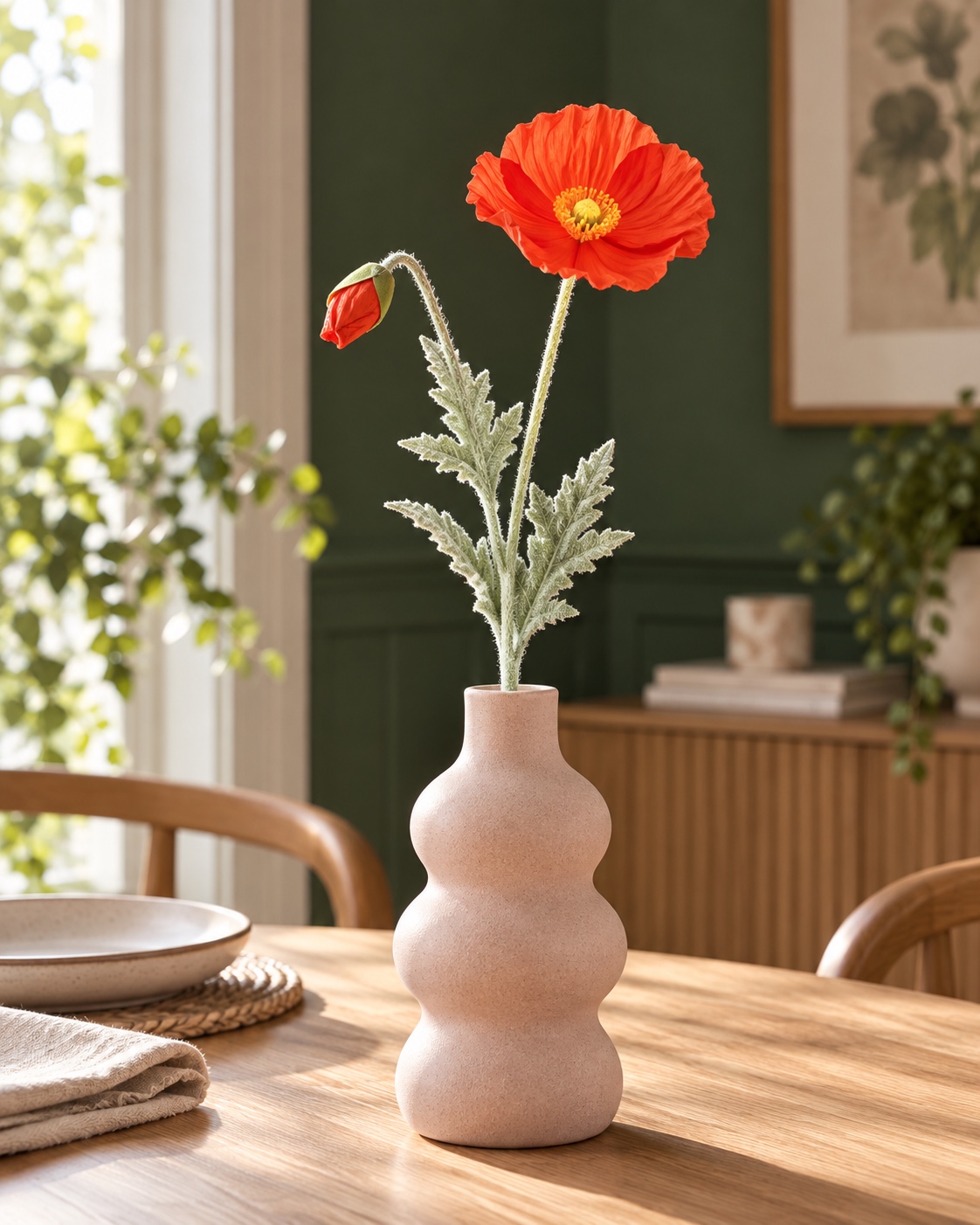 Orange Artificial Poppy Stem with Textured Foliage 3