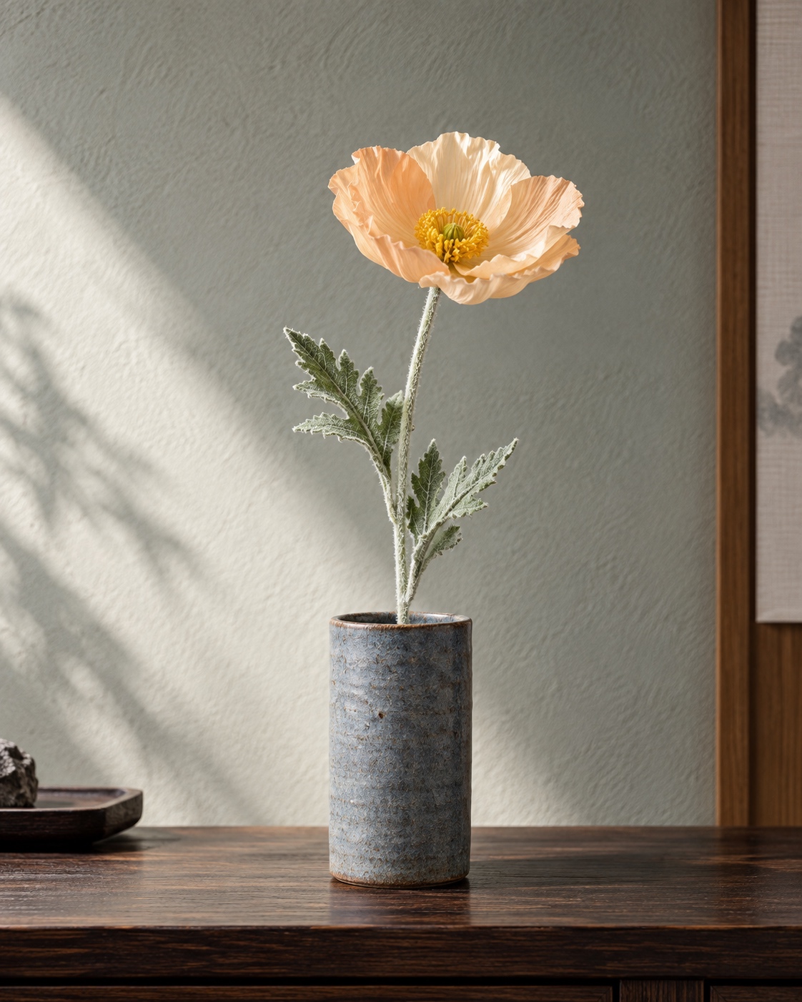 Peach Artificial Poppy Stem with Textured Foliage 2