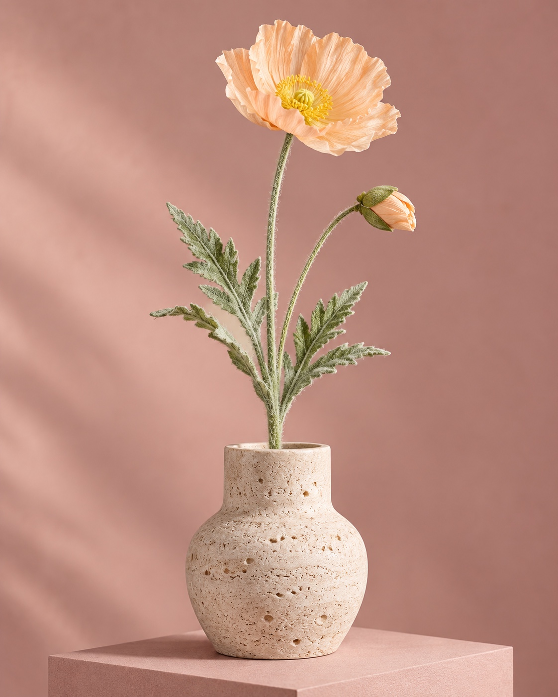 Peach Artificial Poppy Stem with Textured Foliage 5