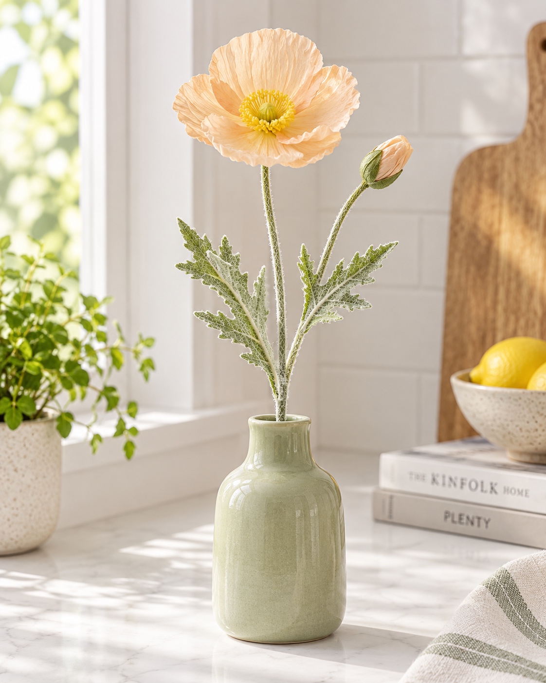 Peach Artificial Poppy Stem with Textured Foliage 3