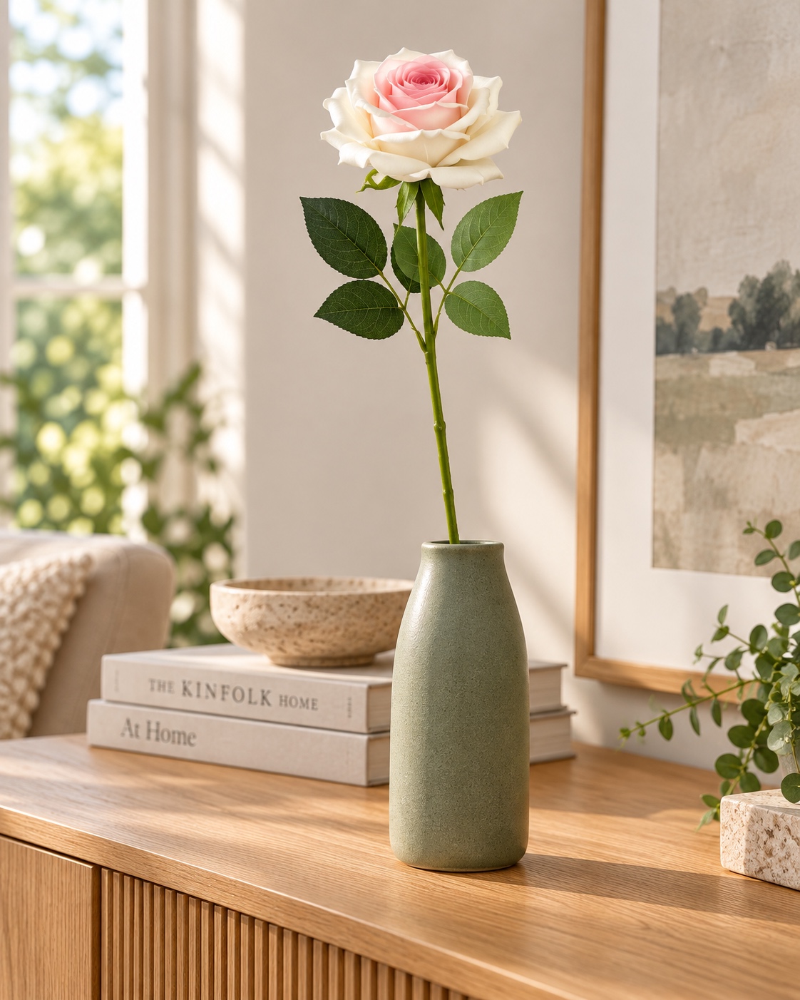 Cream and Pink Artificial Long Stem Rose 5
