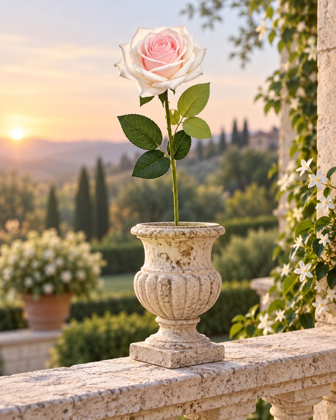 Cream and Pink Artificial Long Stem Rose 4
