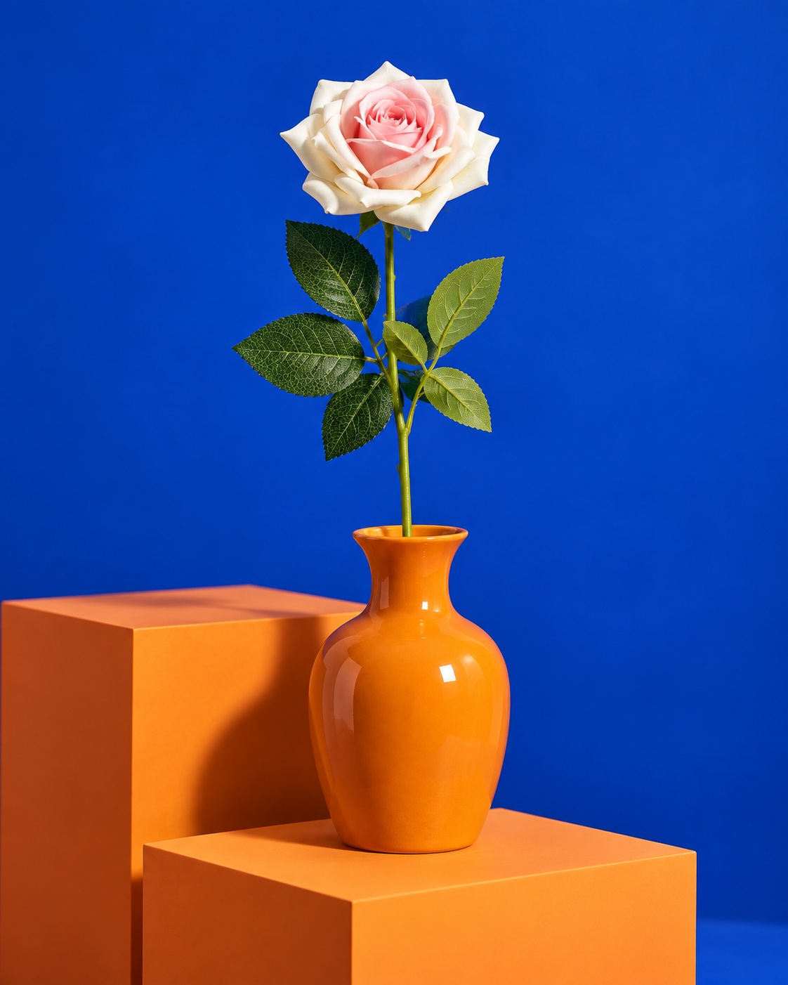 Cream and Pink Artificial Long Stem Rose 3