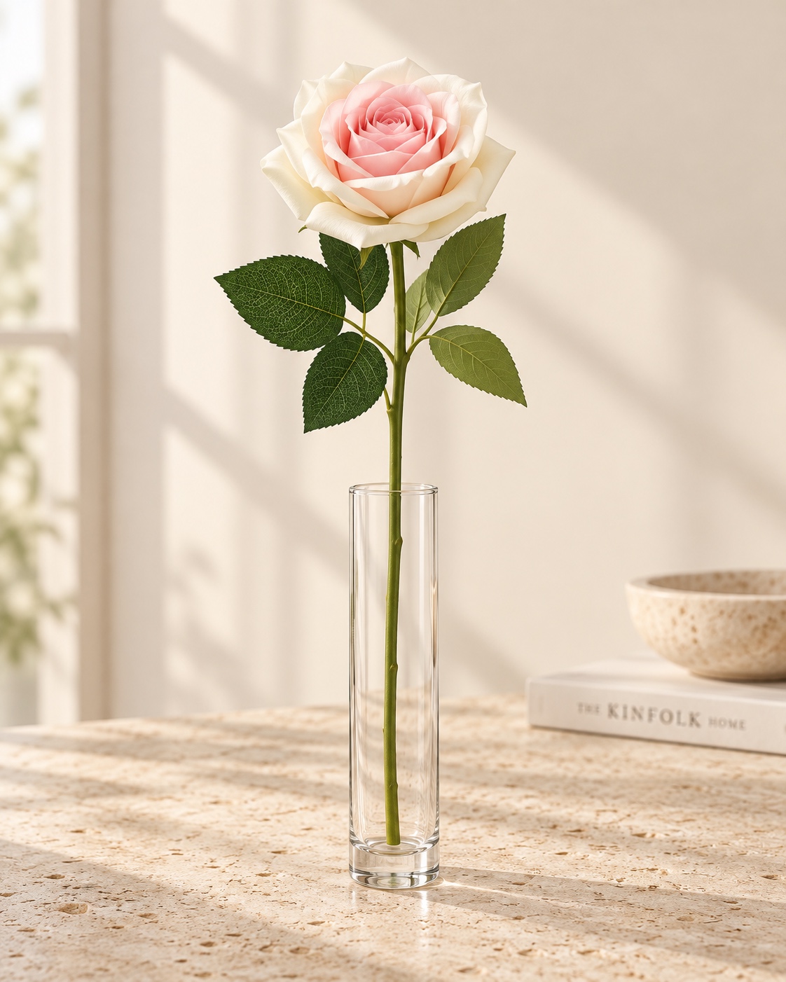 Cream and Pink Artificial Long Stem Rose 2