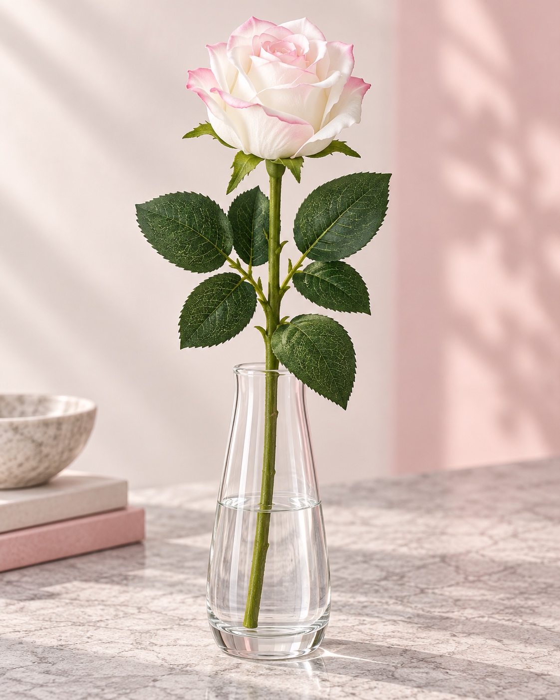 White Artificial Rose with Pink-Tipped Petals 5