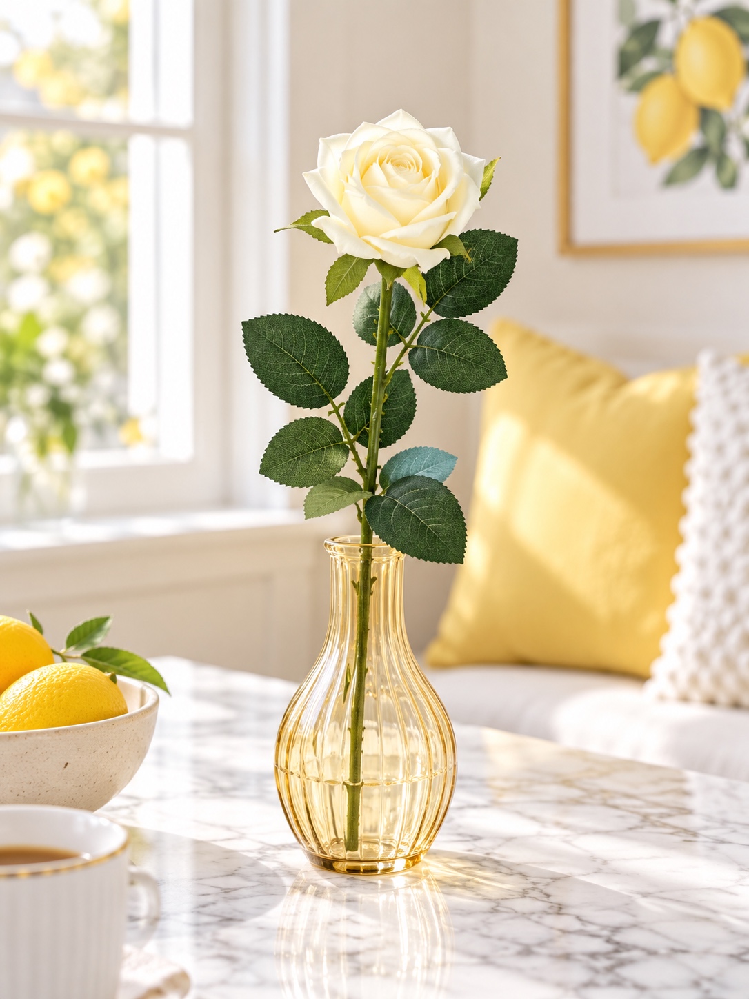 Cream and Yellow Artificial Long Stem Rose 2