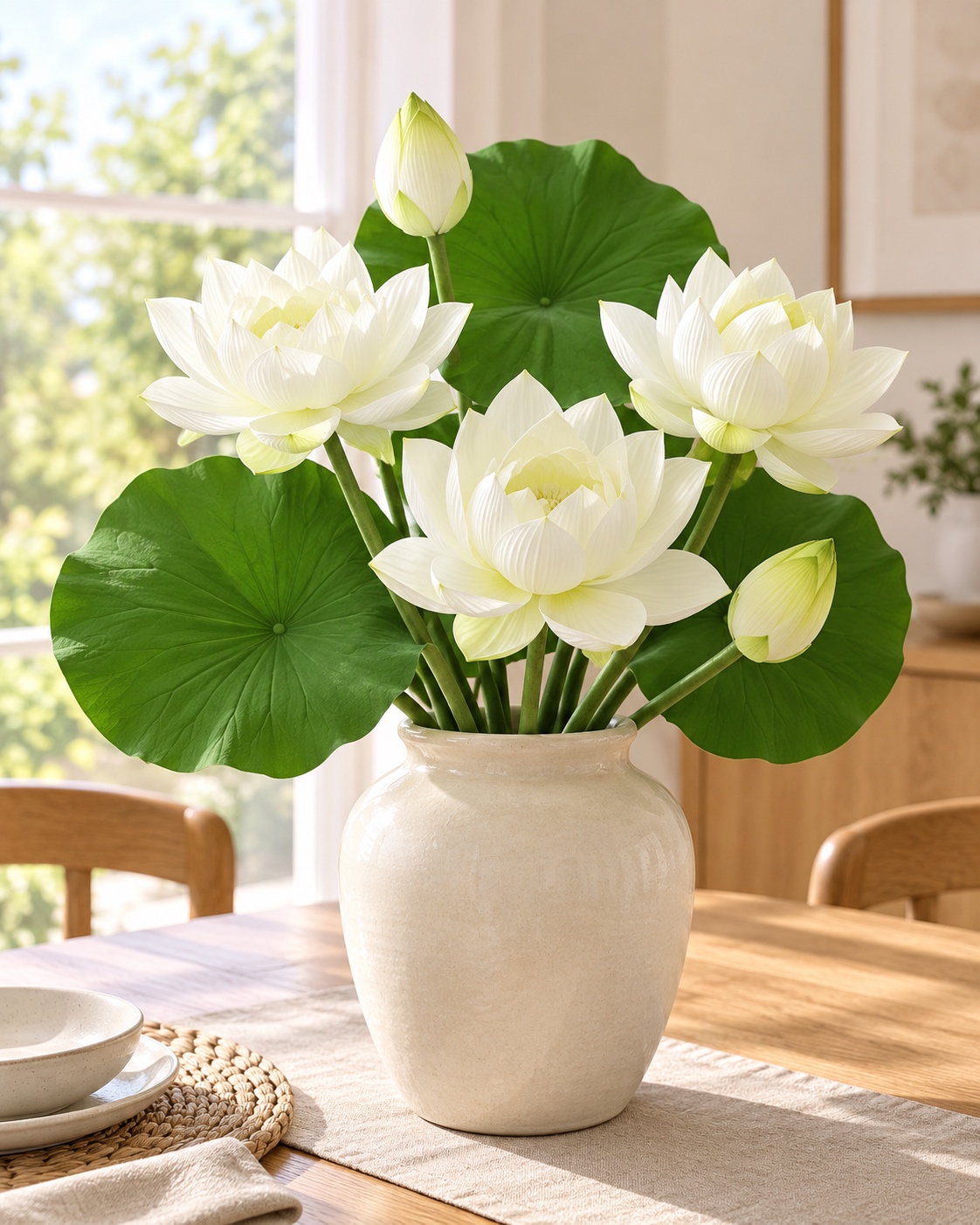 White Artificial Lotus Flower Arrangement with Green Leaves 4
