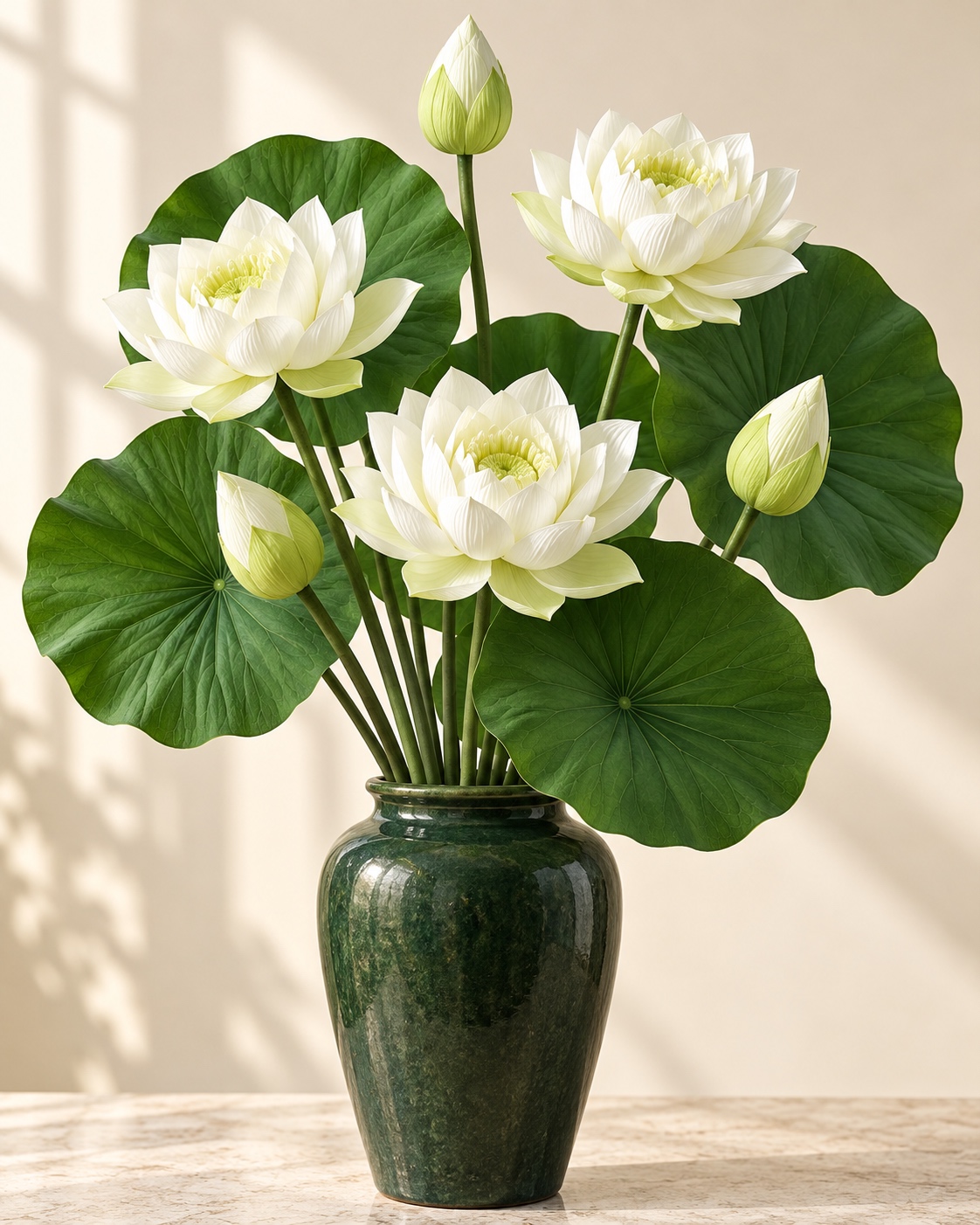 White Artificial Lotus Flower Arrangement with Green Leaves 5