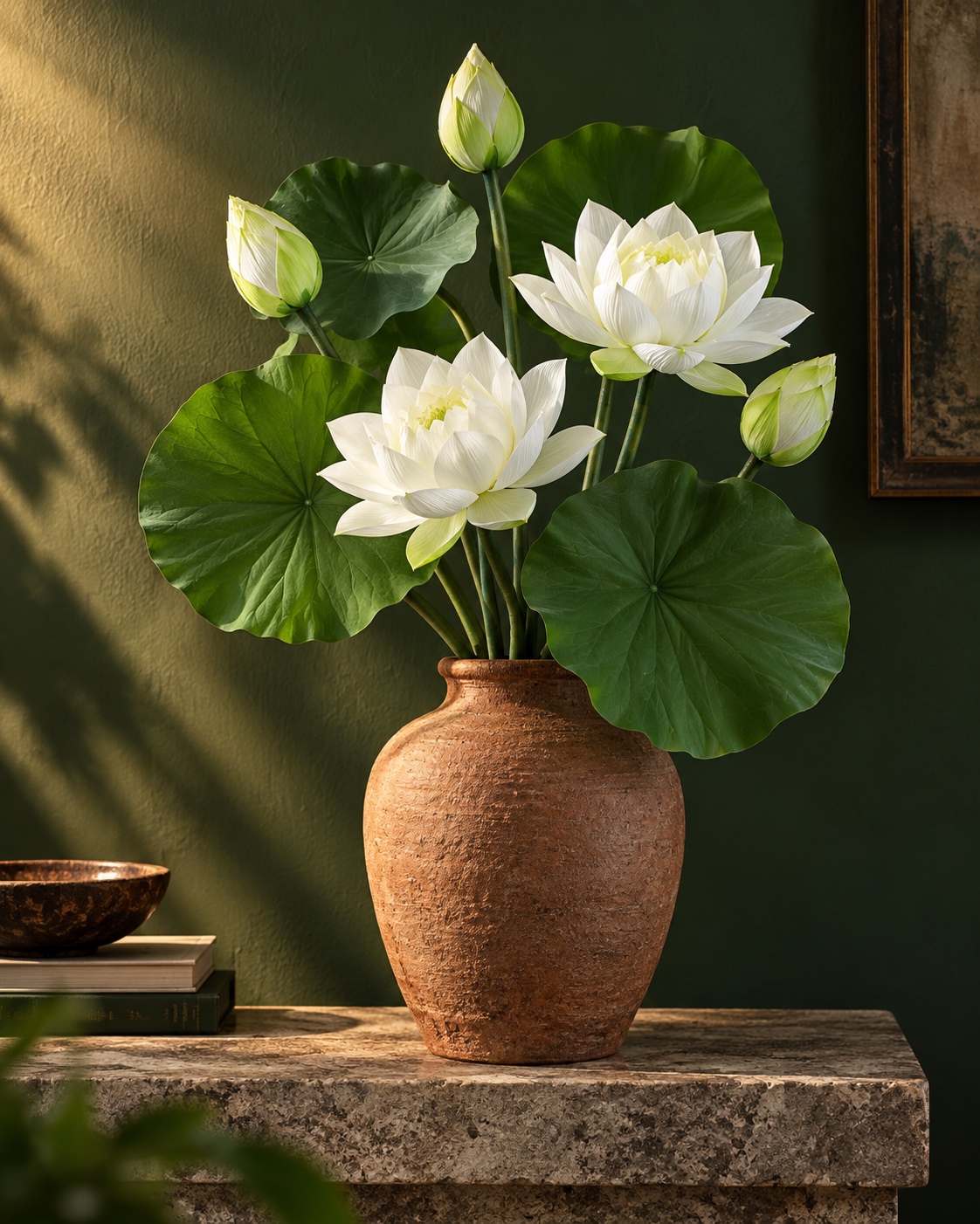 White Artificial Lotus Flower Arrangement with Green Leaves 3