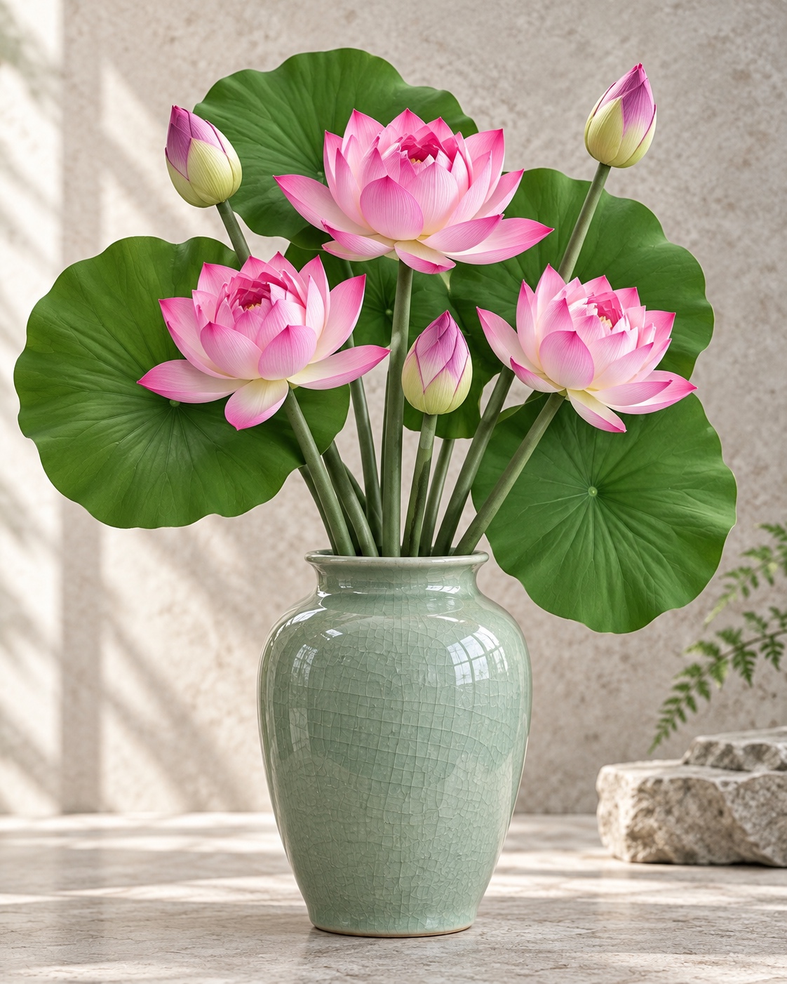 Pink Artificial Lotus Flower Arrangement with Green Leaves 3
