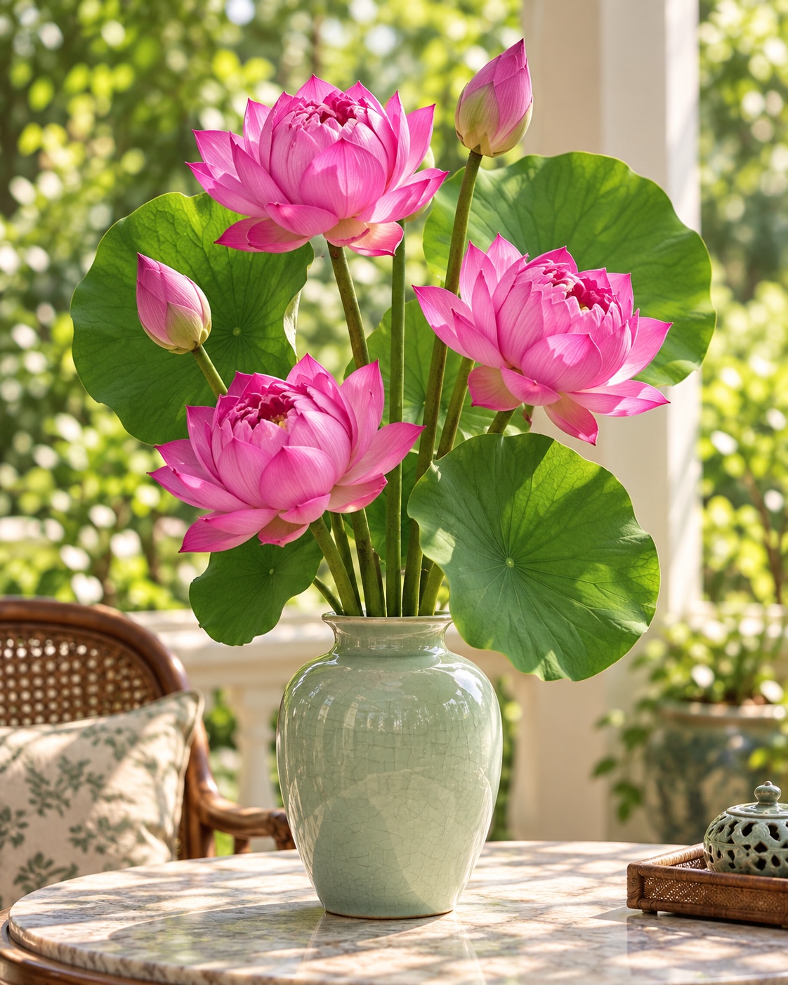 Pink Artificial Lotus Flower Arrangement with Green Leaves 2