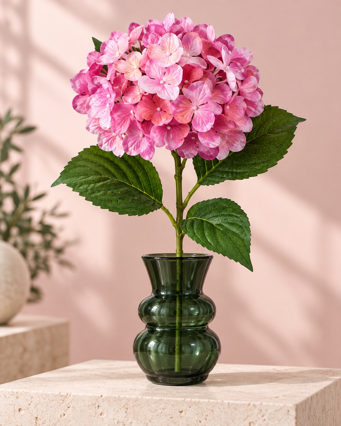 Dark Pink Artificial Hydrangea Stem with Green Leaves 4