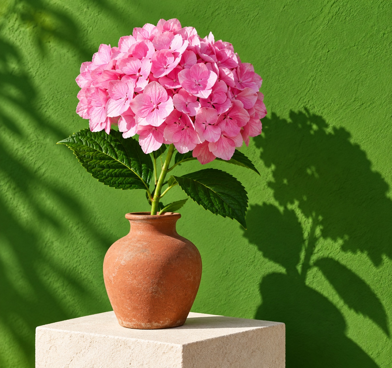 Dark Pink Artificial Hydrangea Stem with Green Leaves 2
