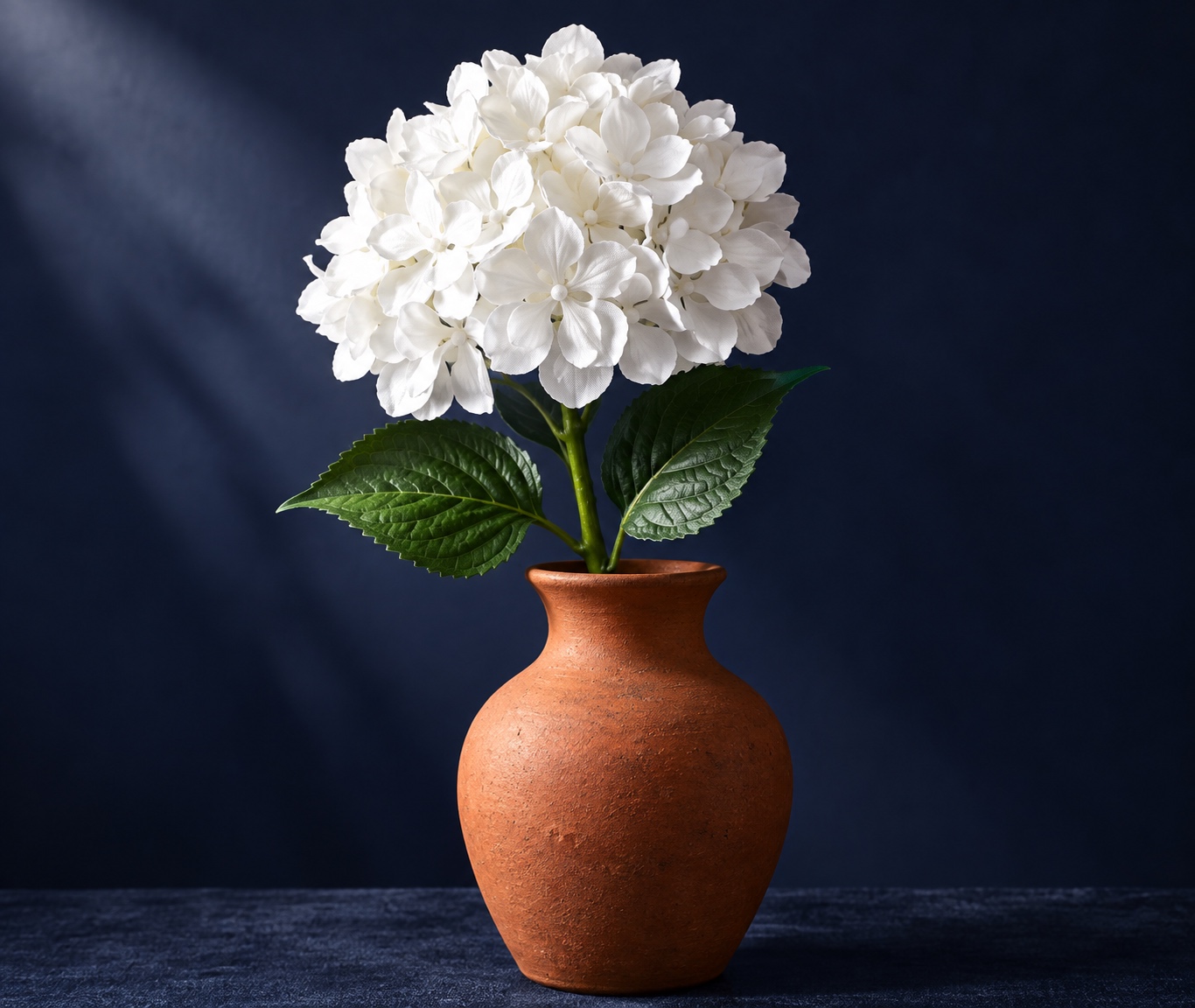 White Artificial Hydrangea Stem with Green Leaves 3