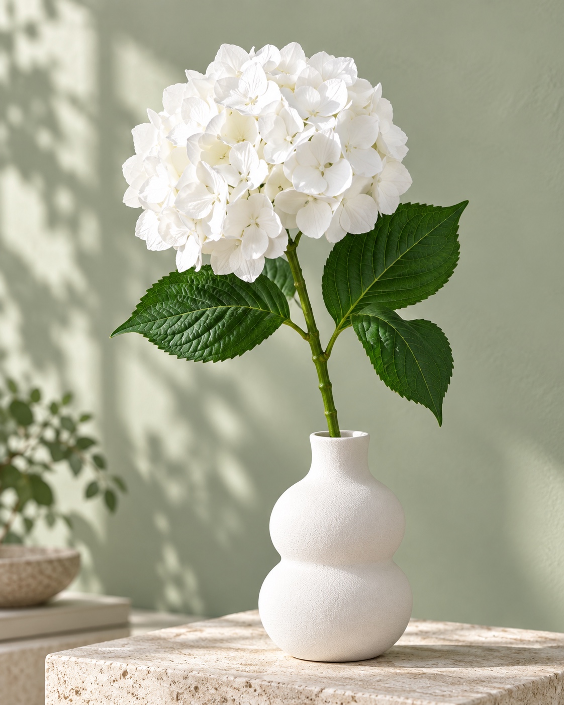 White Artificial Hydrangea Stem with Green Leaves 2