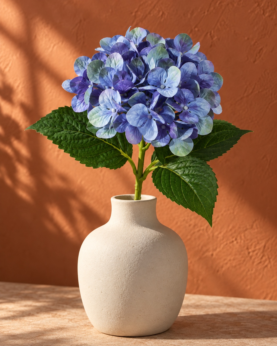 Blue Artificial Hydrangea Stem with Green Leaves 2