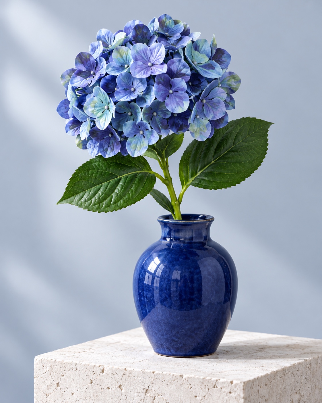 Blue Artificial Hydrangea Stem with Green Leaves 4