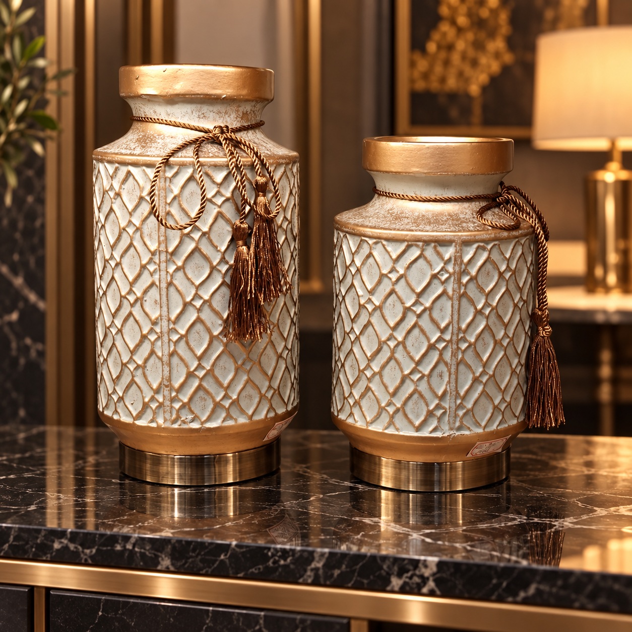 Cream and Gold Lattice Ceramic Vases with Tassels - 12x27cm 5