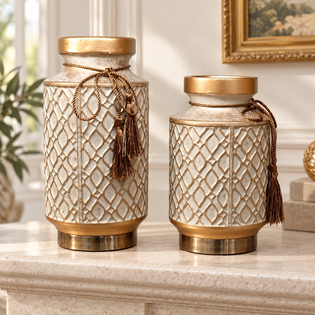 Cream and Gold Lattice Ceramic Vases with Tassels - 12x27cm