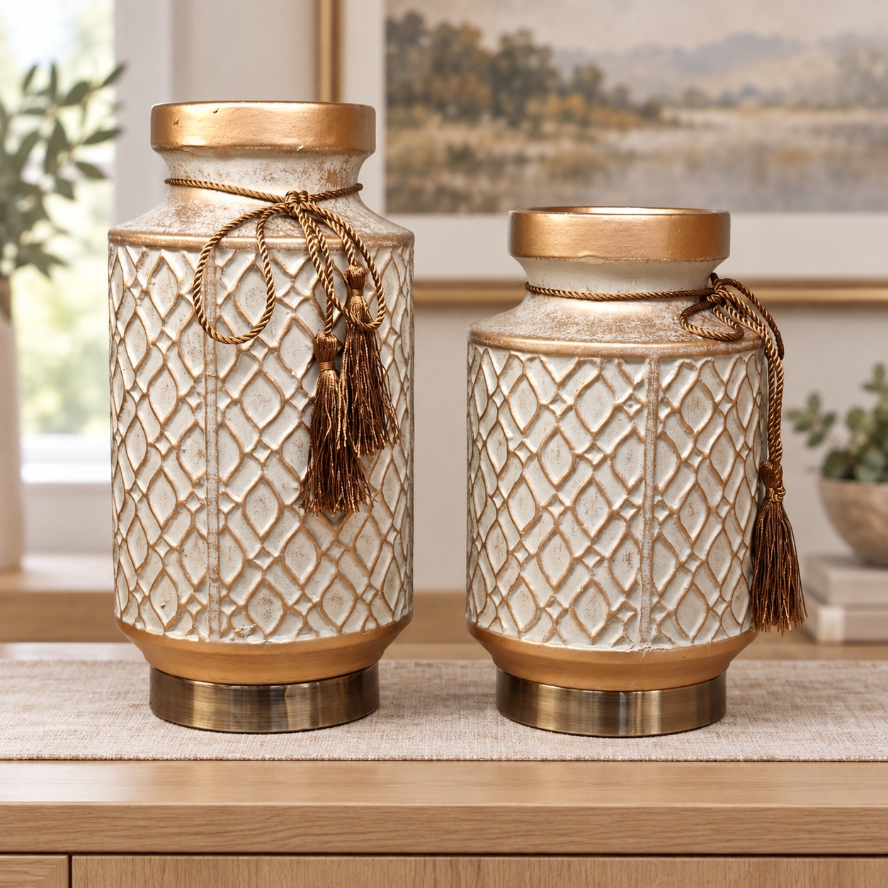 Cream and Gold Lattice Ceramic Vases with Tassels - 12x23cm 5
