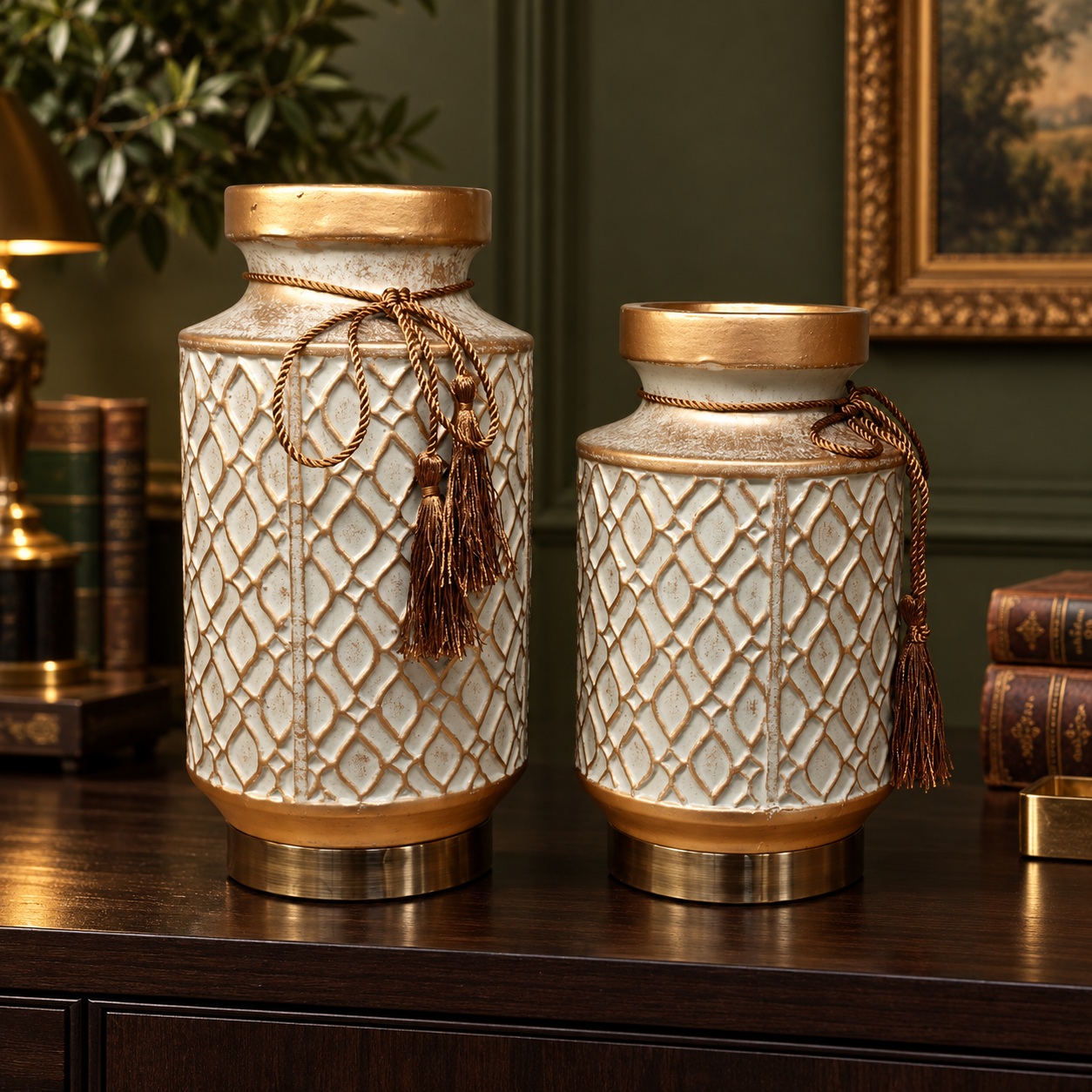 Cream and Gold Lattice Ceramic Vases with Tassels - 12x23cm 2