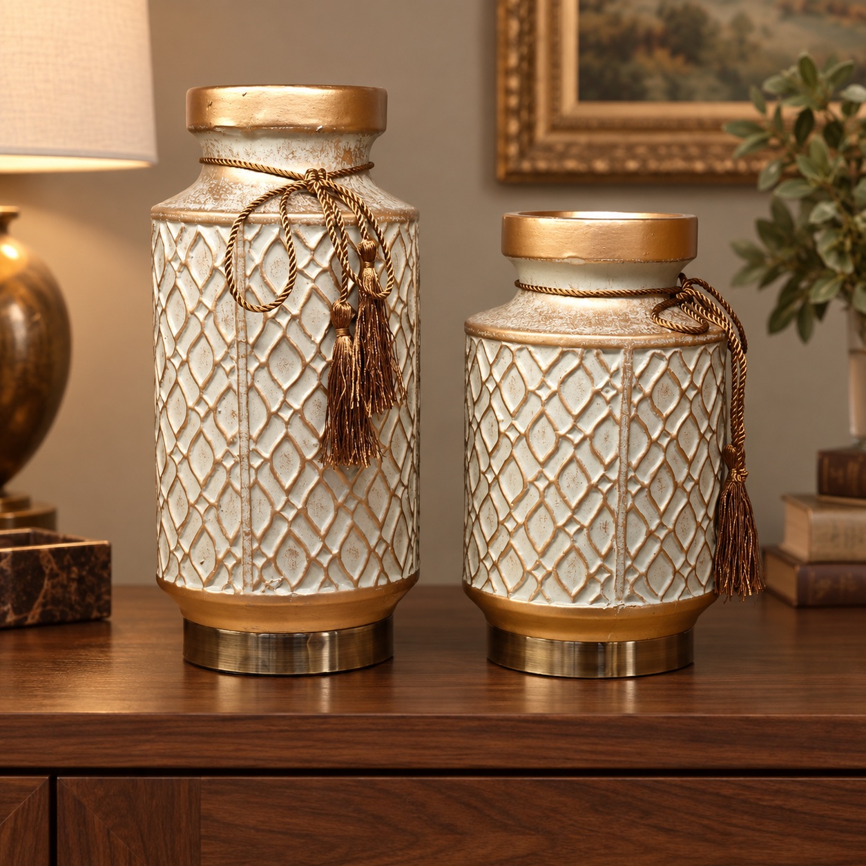 Cream and Gold Lattice Ceramic Vases with Tassels - 12x23cm 3