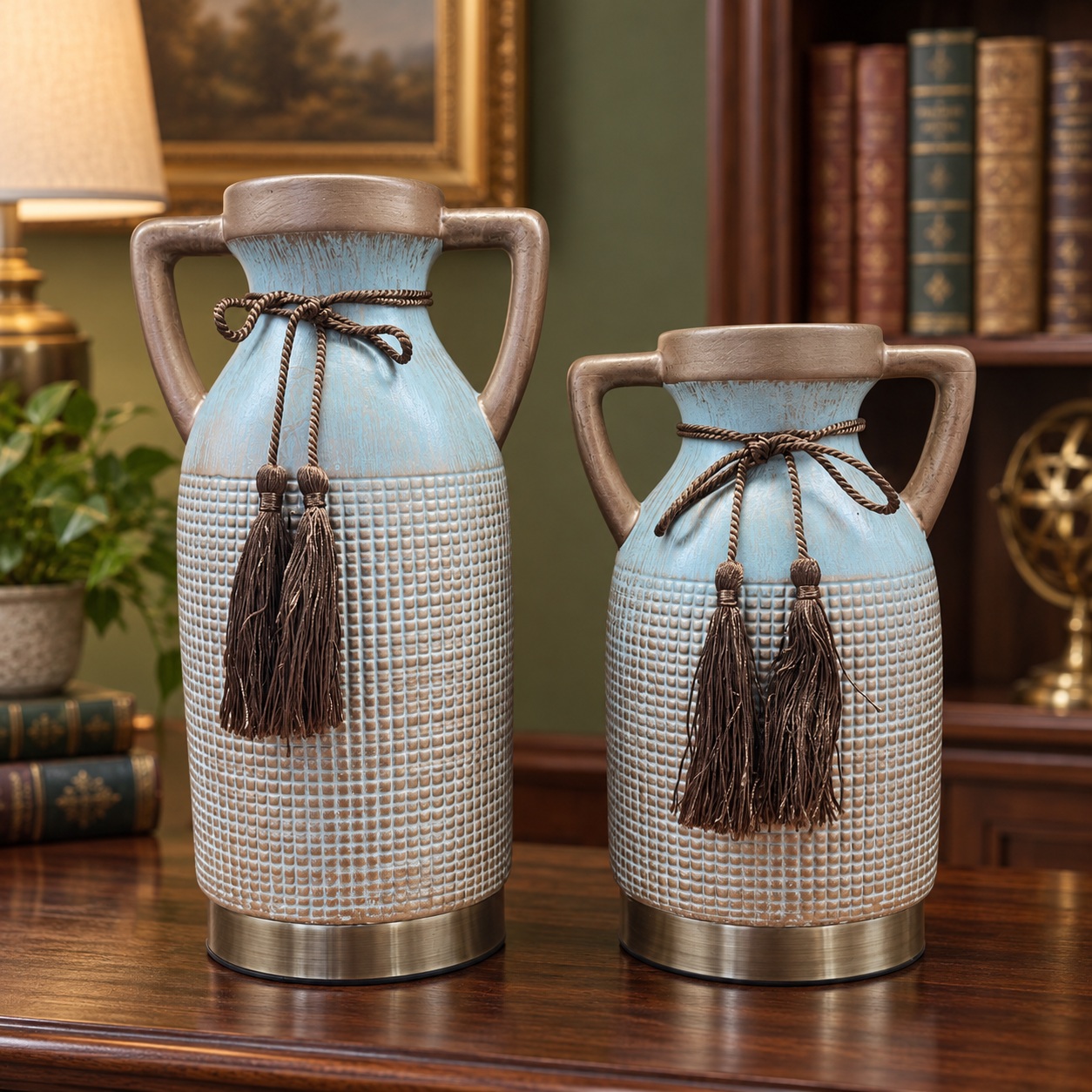 Blue and White Textured Ceramic Vases with Handles - 14x31cm (A) 5