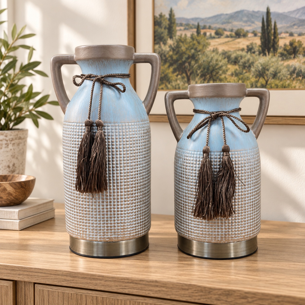 Blue and White Textured Ceramic Vases with Handles - 14x31cm (A) 2