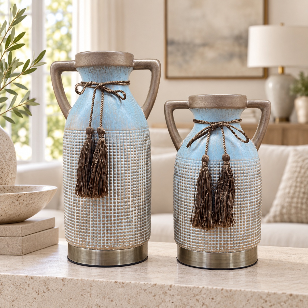 Blue and White Textured Ceramic Vases with Handles - 14x27cm (A) 5