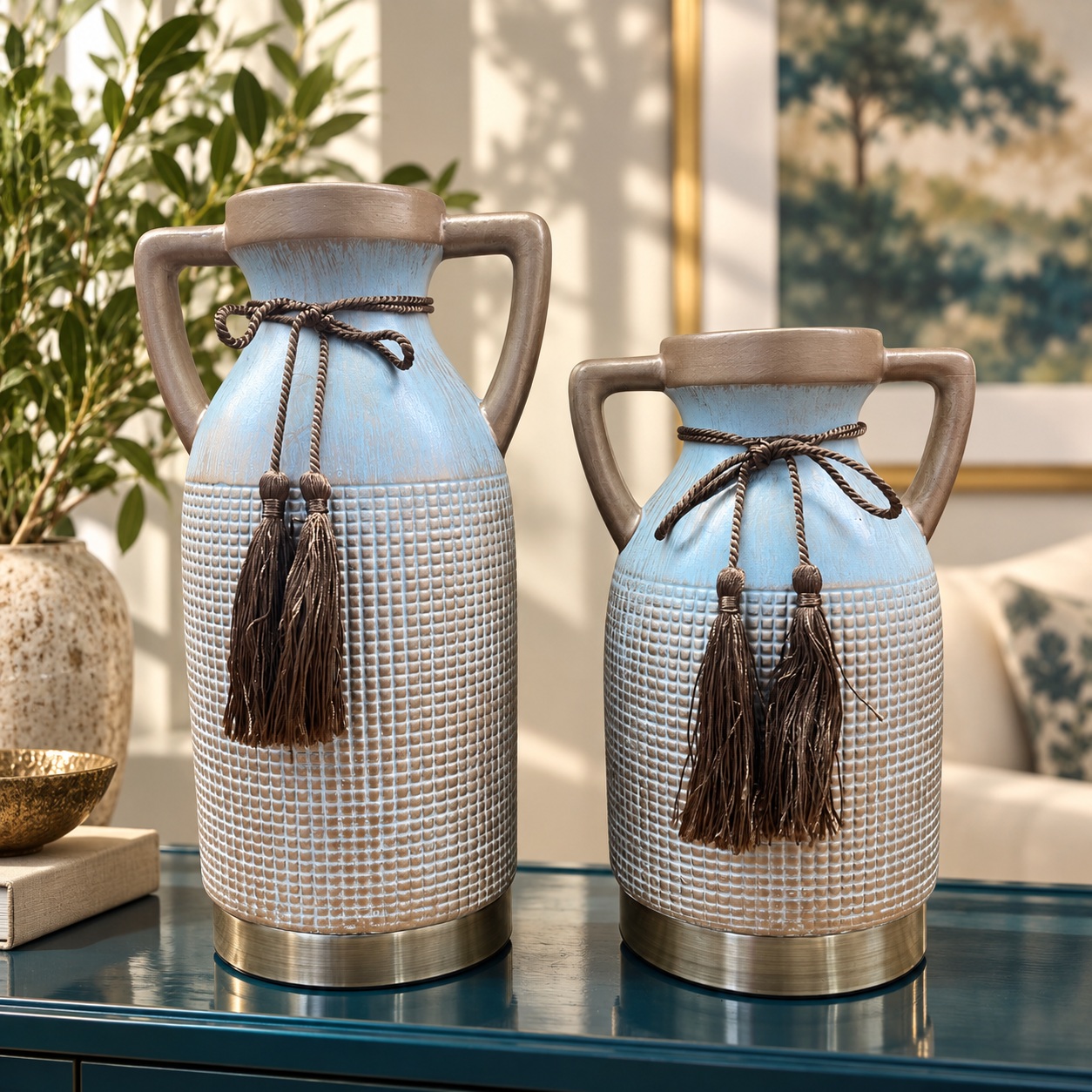 Blue and White Textured Ceramic Vases with Handles - 14x27cm (A) 2