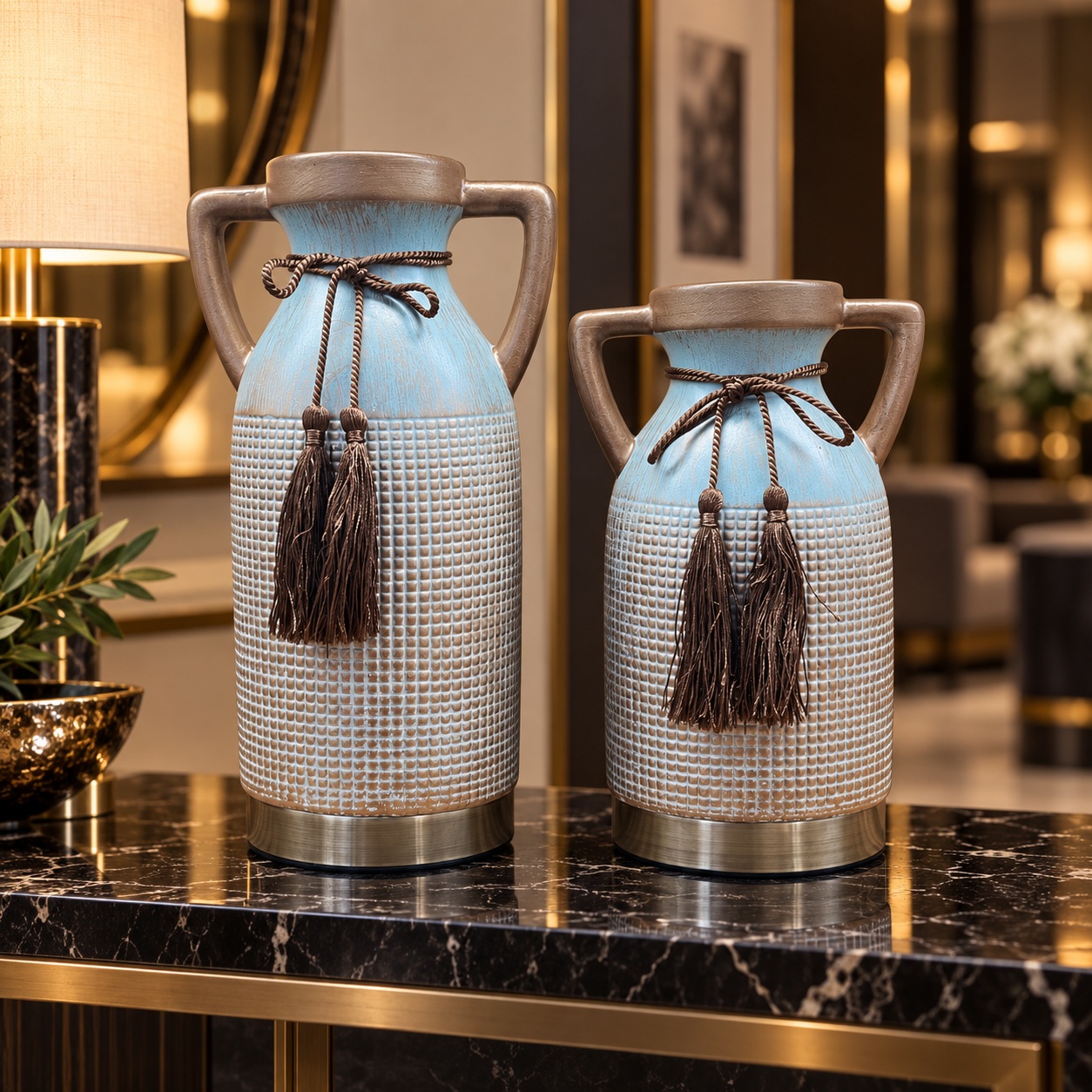 Blue and White Textured Ceramic Vases with Handles - 14x27cm (A)