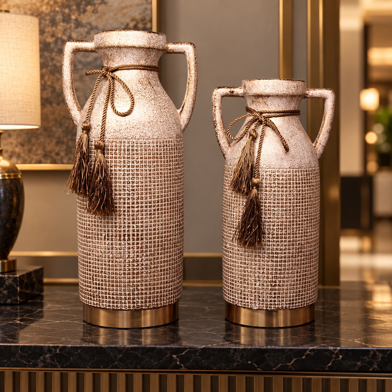 Blush Ivory Handled Ceramic Vases with Woven Grid Texture - 14x31cm (B) 2