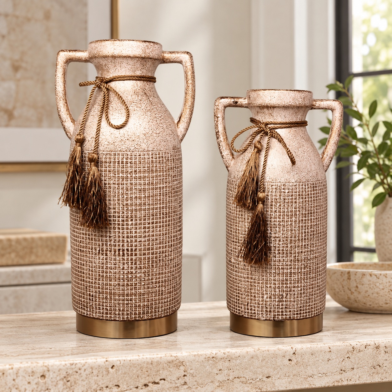 Blush Ivory Handled Ceramic Vases with Woven Grid Texture - 14x31cm (B) 5