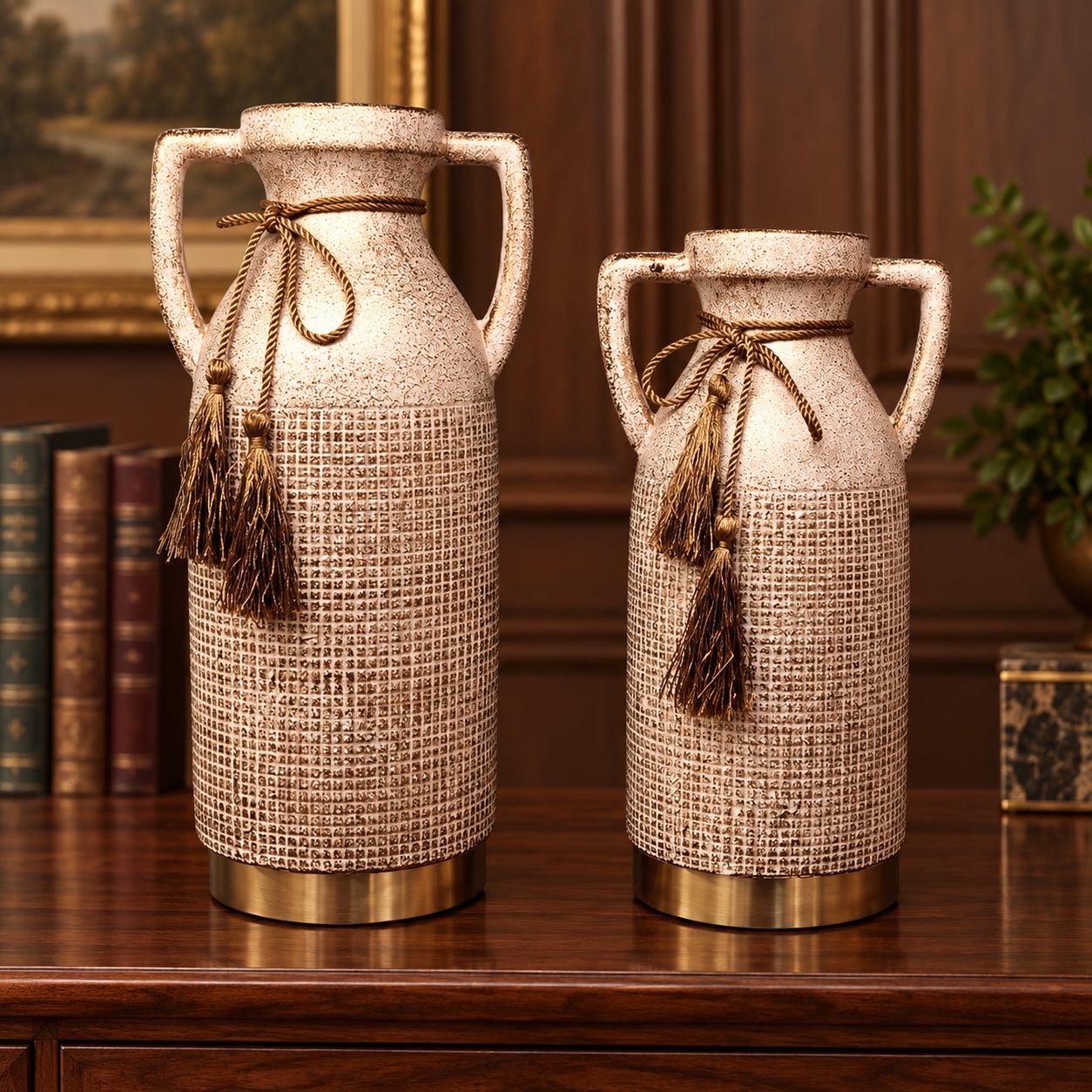 Blush Ivory Handled Ceramic Vases with Woven Grid Texture - 14x31cm (B) 3