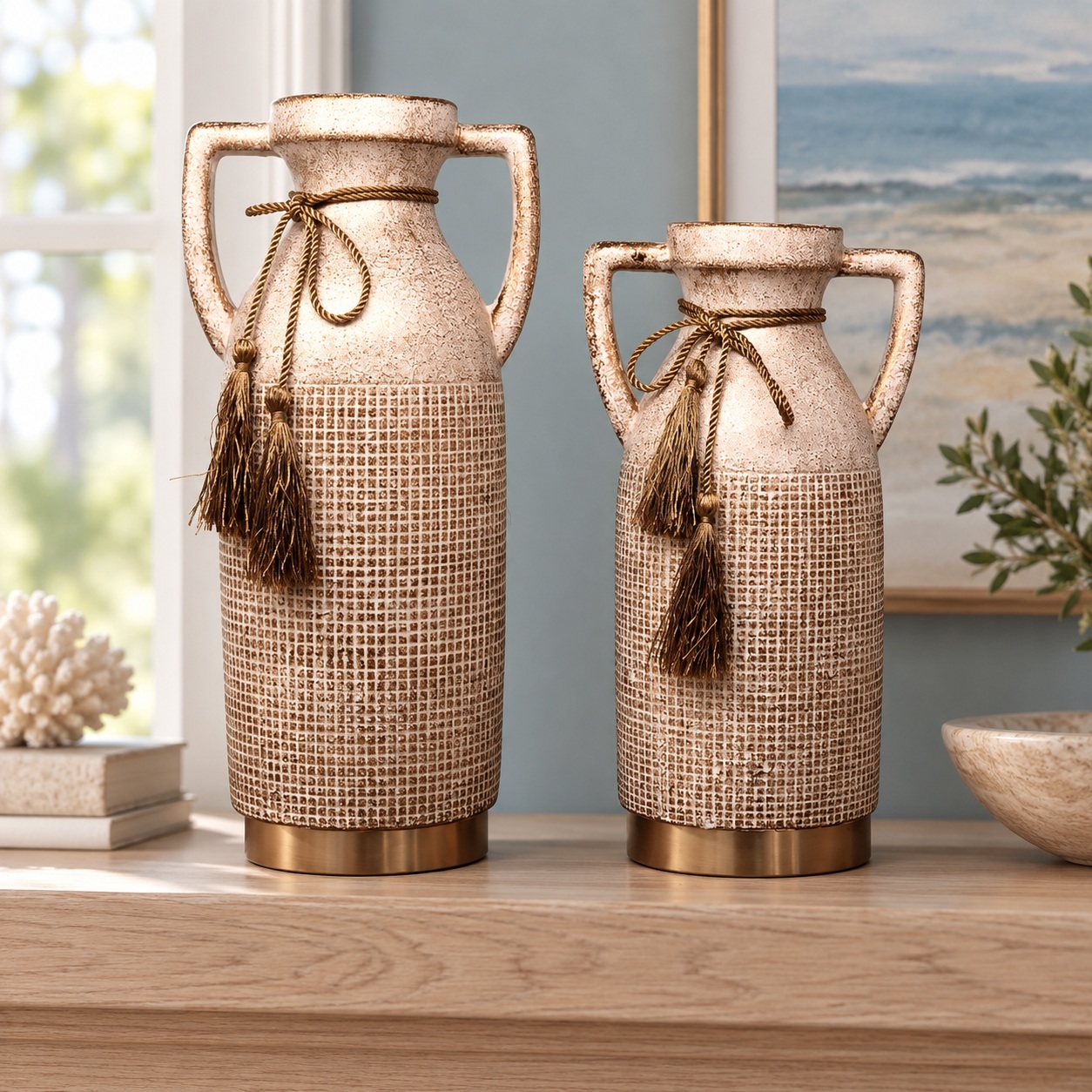Blush Ivory Handled Ceramic Vases with Woven Grid Texture - 14x31cm (B) 4