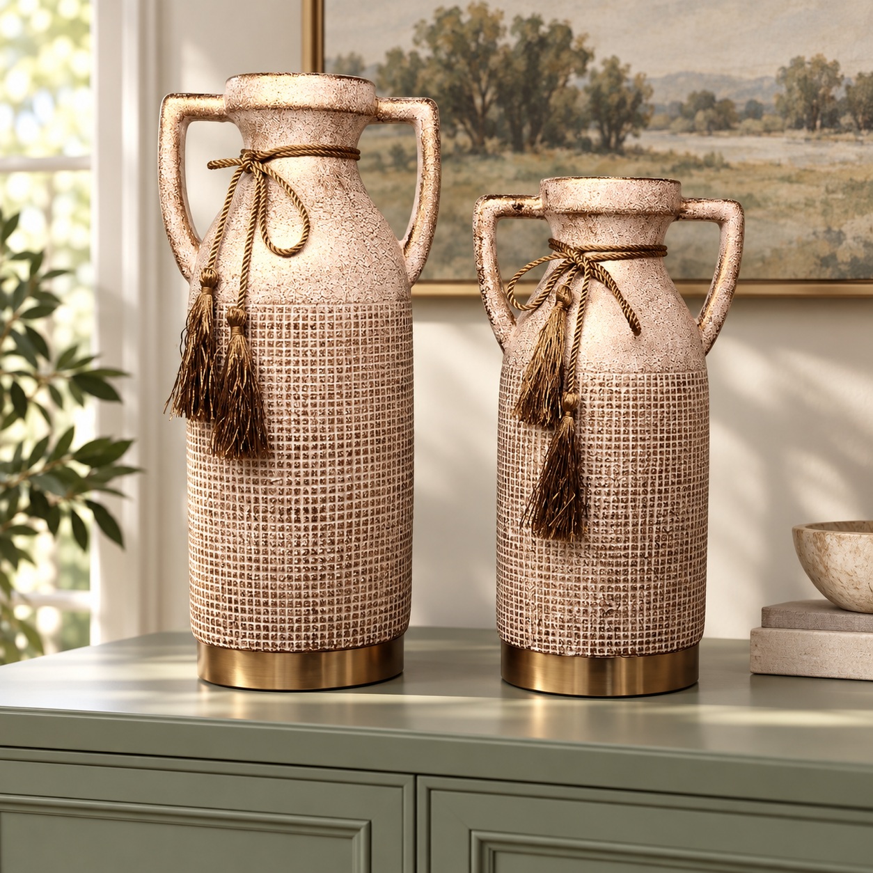 Blush Ivory Handled Ceramic Vases with Woven Grid Texture - 14x27cm (B) 2