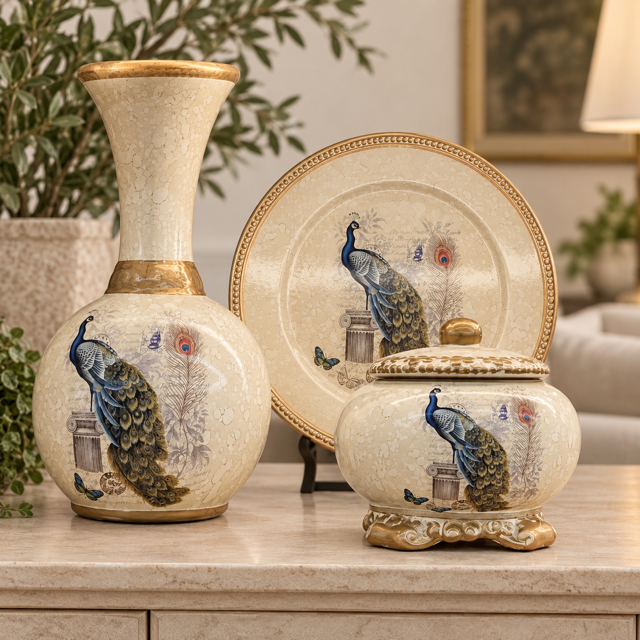 Ivory and Gold Peacock Ceramic Decor Set with Vase, Plate and Lidded Jar 3