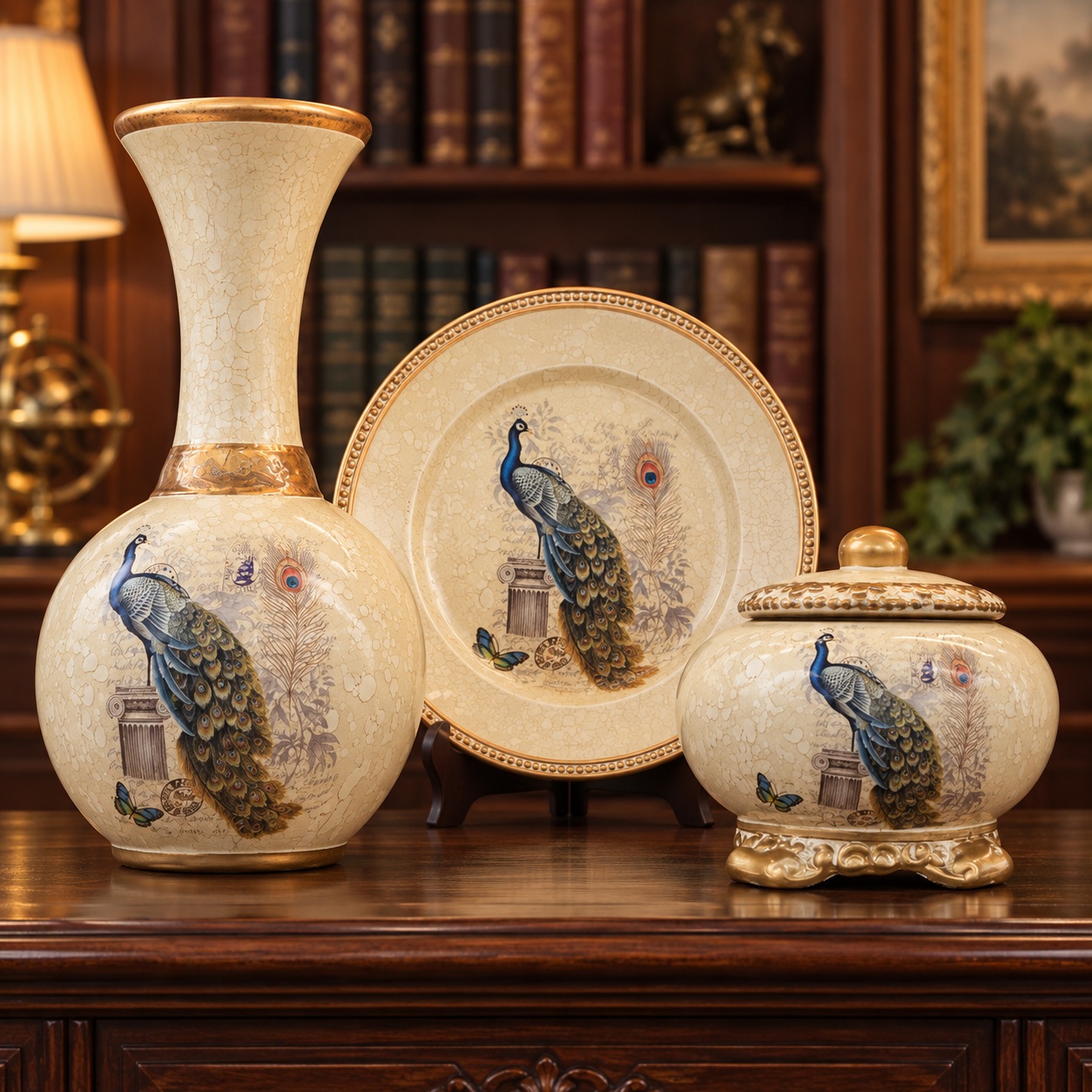 Ivory and Gold Peacock Ceramic Decor Set with Vase, Plate and Lidded Jar